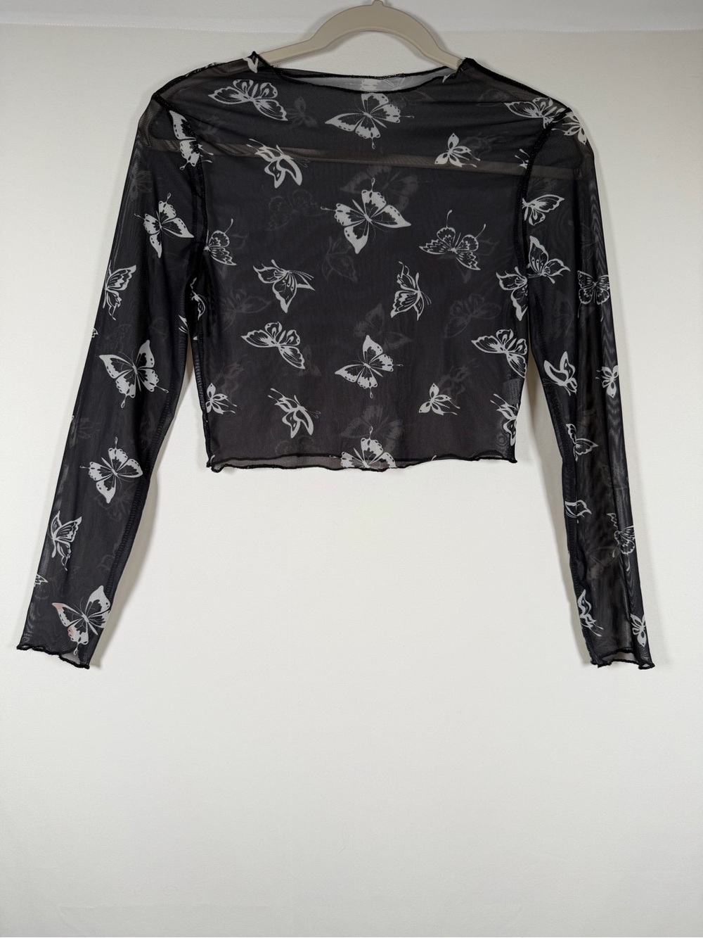 90s, Y2K Whimsigith Black Butterfly-Print Mesh Overlay Long-Sleeve Crop Top